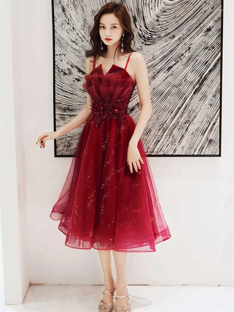 Casual Dresses Wine Red Dress Women Spring Summer Solid Color Sequin Lace Halter Mid-length A-line Skirt Fashion Female Clothing M123