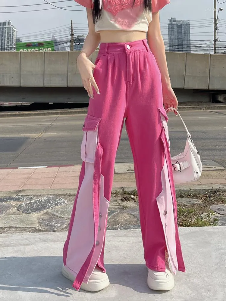 Женские джинсы дизайнер шикарные розовые грузовые брюки Женщины с высокой талией лоскутной джинсовой джинсовой тренас широкий