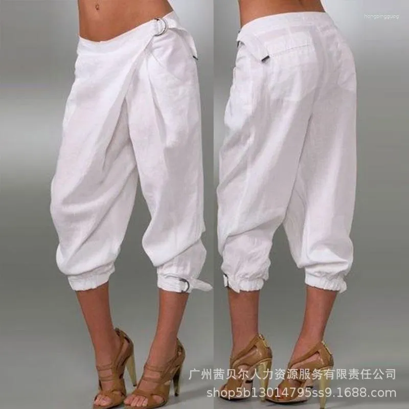 Pantalon femme avec poches à boucle, Design à revers, Capris serré, taille haute, ample, Slim, pour le travail, Streetwear, été 2023