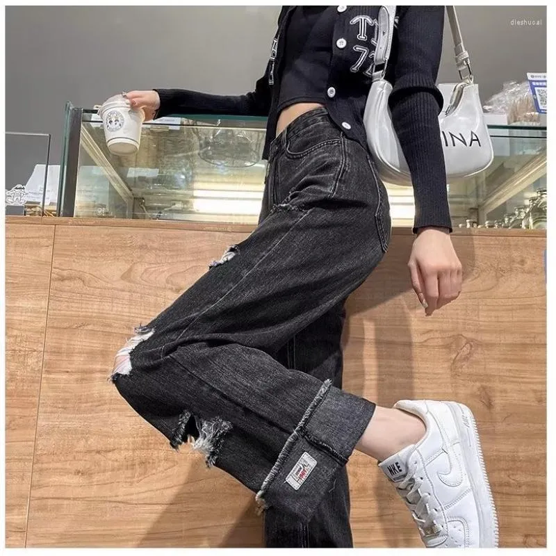 Jeans Femme Noir Taille Haute Femmes Usé Mode Américaine Streetwear Jambe  Large Jean Femme Pantalon Droit Baggy Denim Pantalon