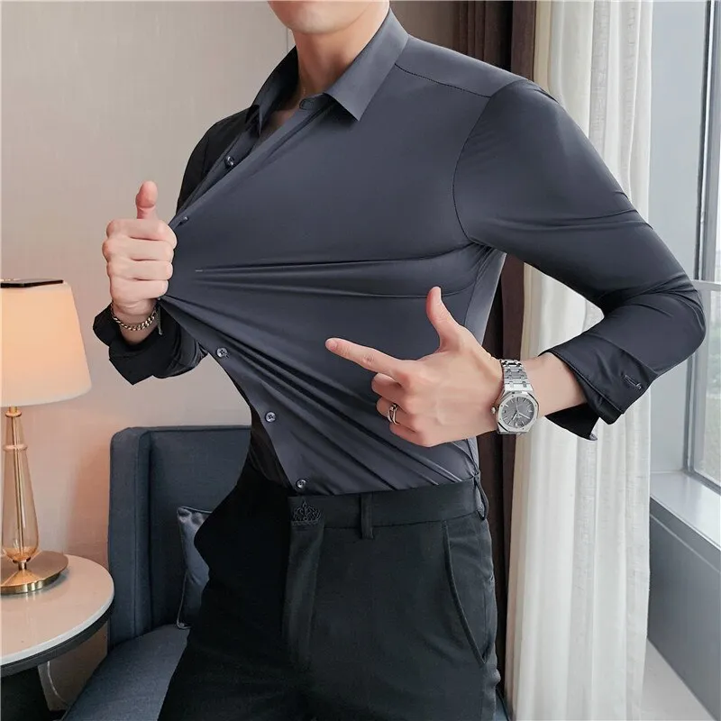 Men's Dress Shirts High-stretch Silky Smooth Comfortable Non-marking Pressure Rubber Drape Non-iron MEN'S Shirt Business Casual Slim Long-sleeved S 230828