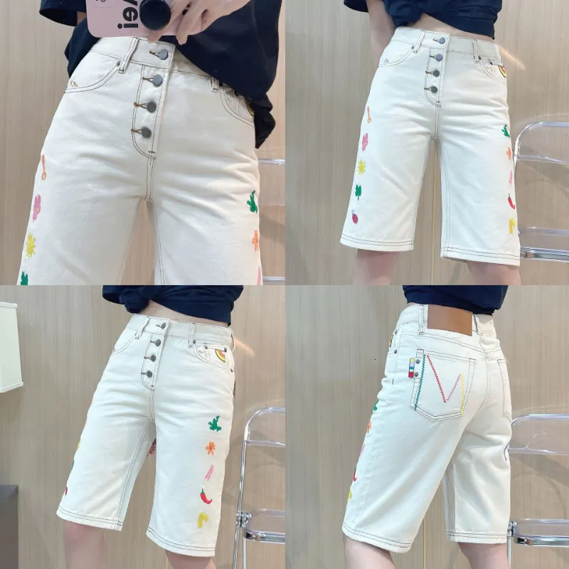 Women's Jeans Summer Women Embroidered High Waist Fivepoint Straight Beige Denim Shorts 230826