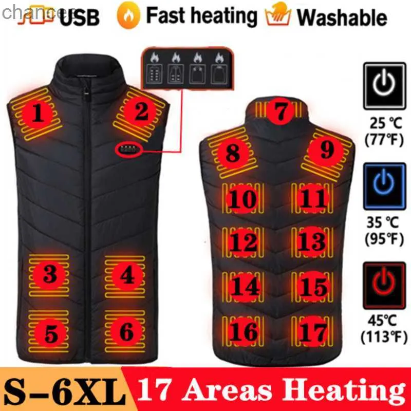 17/13 Gebieden Verwarmd Vest Body Warmer Mannen Winter Usb Elektrisch Thermisch Vest Jas Jas Outdoor Vrouwen Verwarming Vest Gillet S-6XL HKD230828