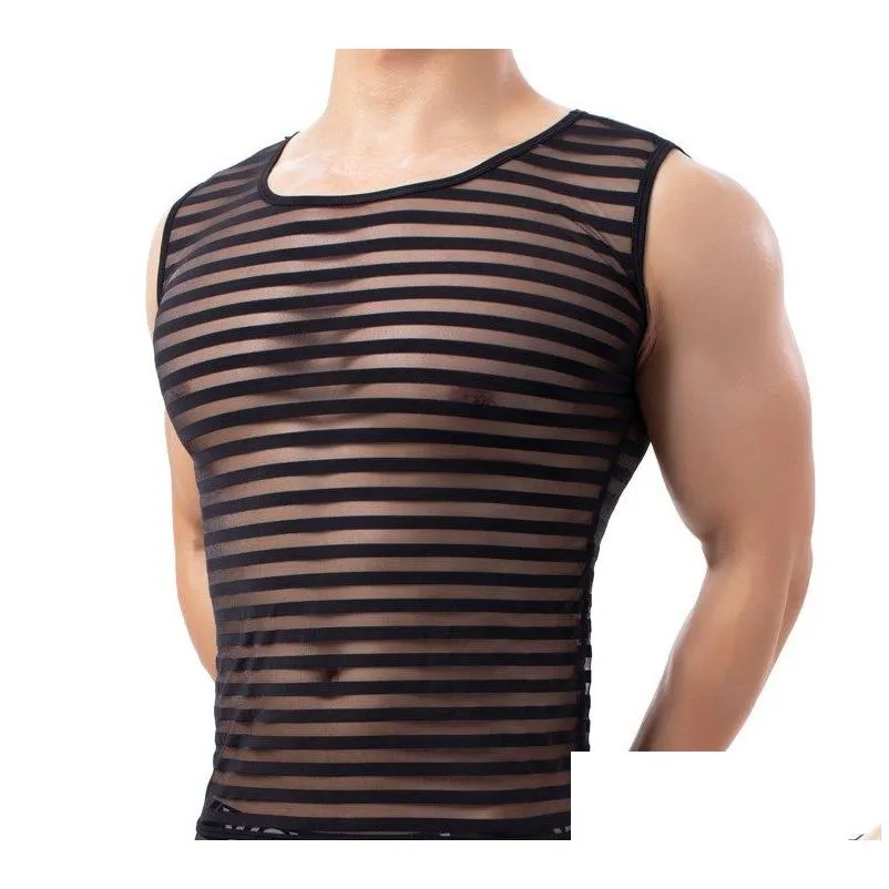 Heren tanktops Heren Tal Strip Vest Ademend Transparant Karakter Elastisch Nylon Mode Smalle achterkant Ronde hals Drop Delivery Appare Dhkwi