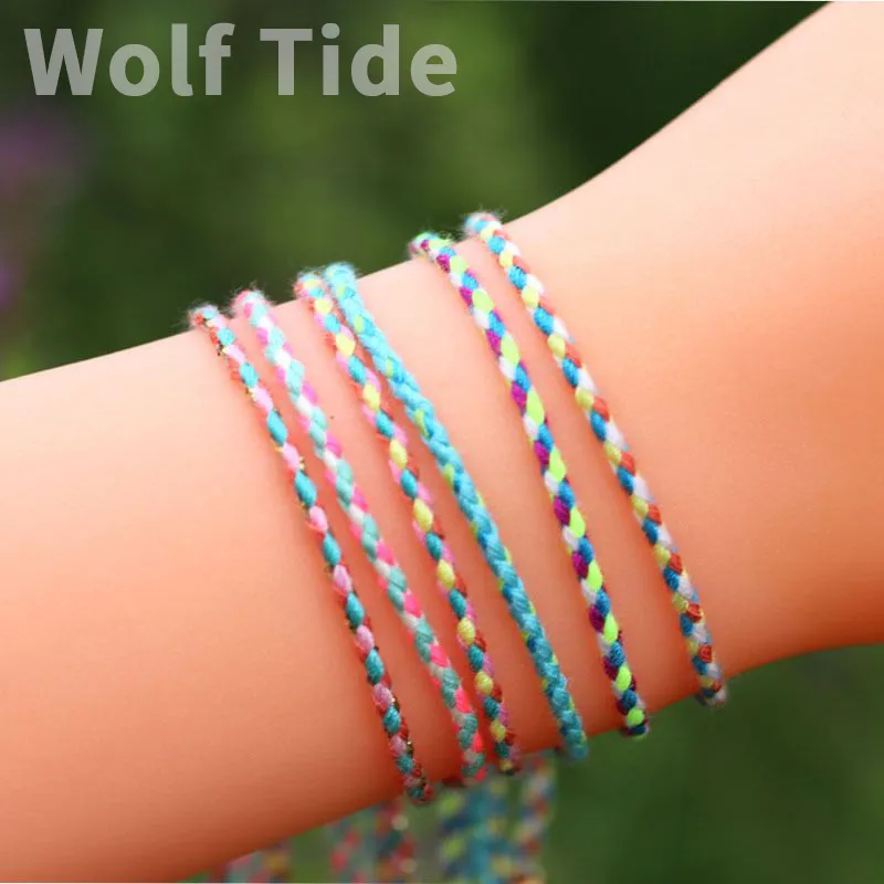 Nova moda artesanal multicolor corda de algodão tecido Vsco Gril Lucky Friendship Bracelet Rainbow Bohemian trançado praia tornozeleira para mulheres e meninas atacado