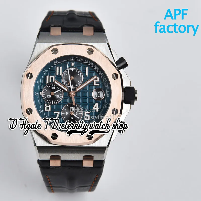 APF 42mm 2647 A3126 Automatic Chronograph Mens Watch Rose Gold Brushed Bezel Blue Textured Dial Leather Super Edition eternity Watches Strap Exclusive Technology
