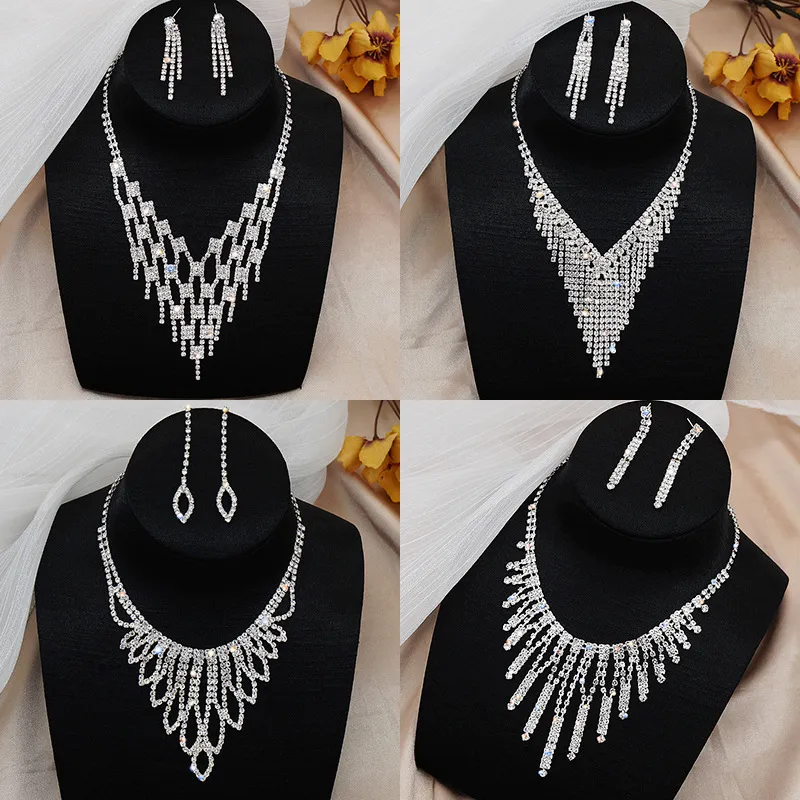 Water Diamond Necklace Bridal Wedding Dress Full Diamond Earrings Chain Set Dinner Party Accessories Necklace Wholesale