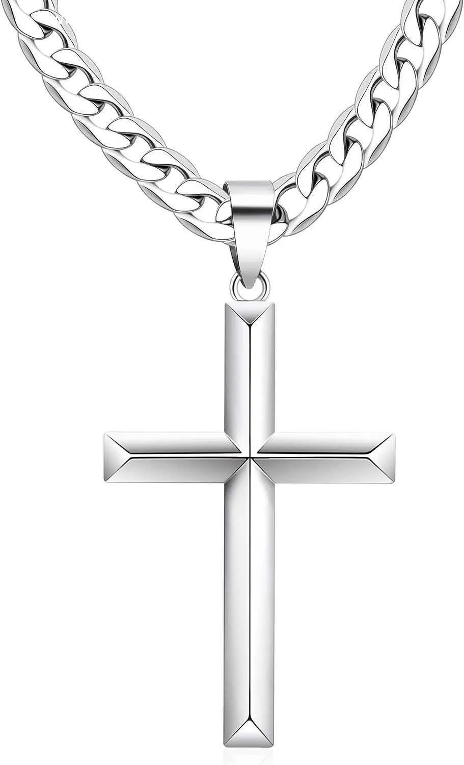 Cameido Collier avec croix en argent sterling 925 pour homme et femme avec chaîne à maillons cubains durables en acier inoxydable taillé en diamant poli bord biseauté avec pendentif en forme de croix