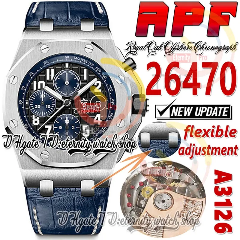 APF 42mm 26470 A3126 Automatisk kronograf Mensklocka Borstad Polerad Bezel Black Textured Dial Super Edition TrustyTime001 Watches Strap Exclusive Technology