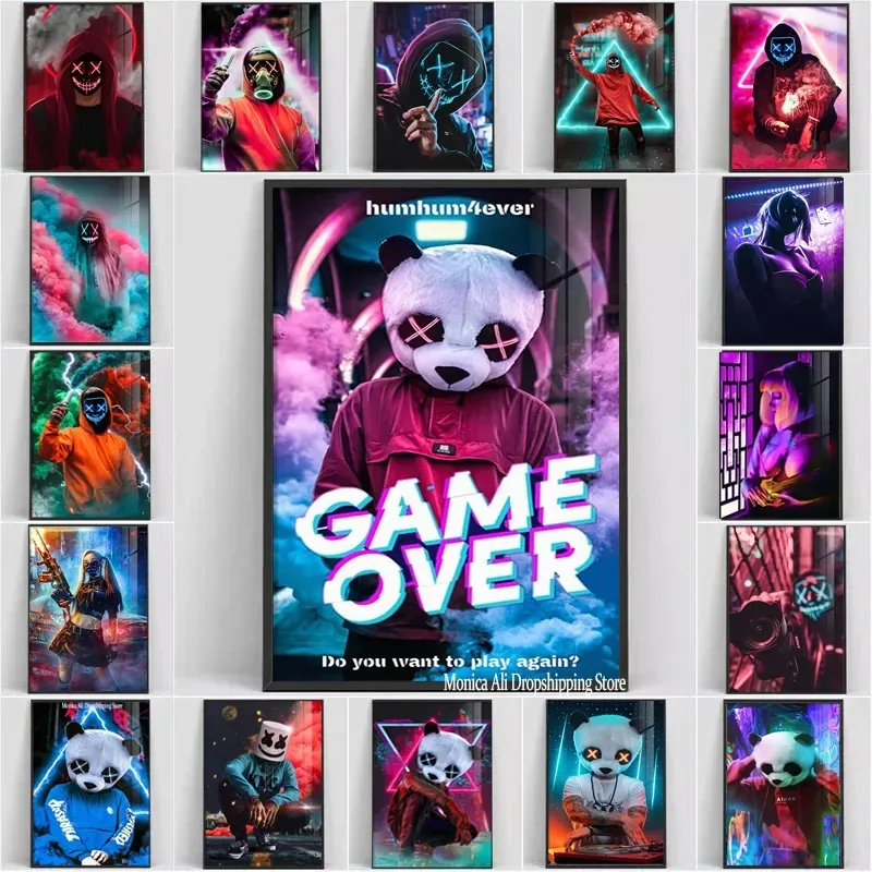 Uyku neon oyun poster ye tekrar oyun duvar sanat bilimkurgu siberpunk boyama tuval baskılar estetik için duvar resimleri estetik ev erkek oyun odası çubuk dekor yok wo6