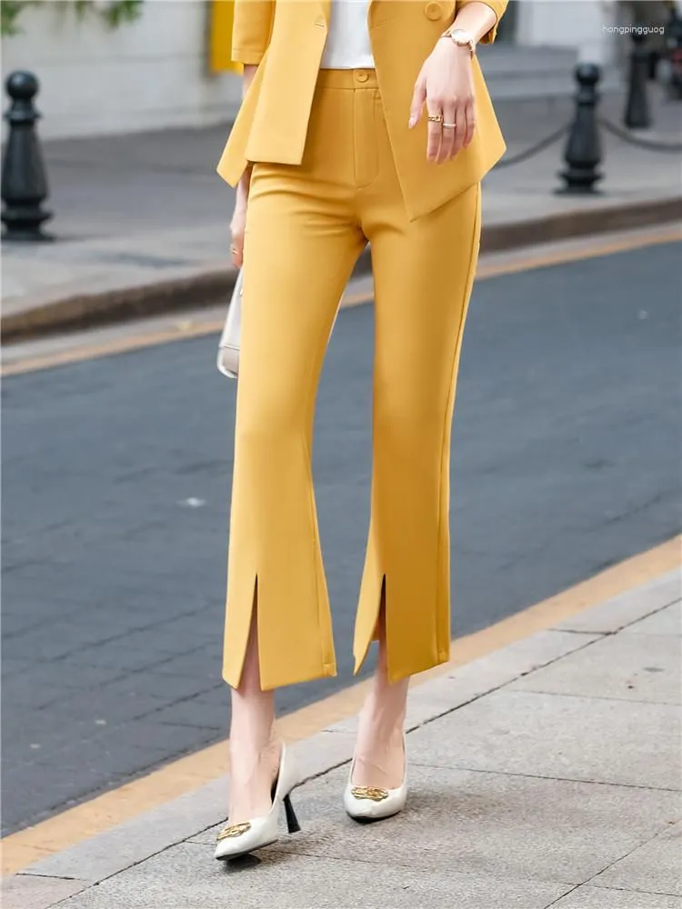 Women's Pants Yellow Suit Woman High Waist Office Ladies Split Flare Wide  Leg Fashion Pink Green Black Trousers Cropped