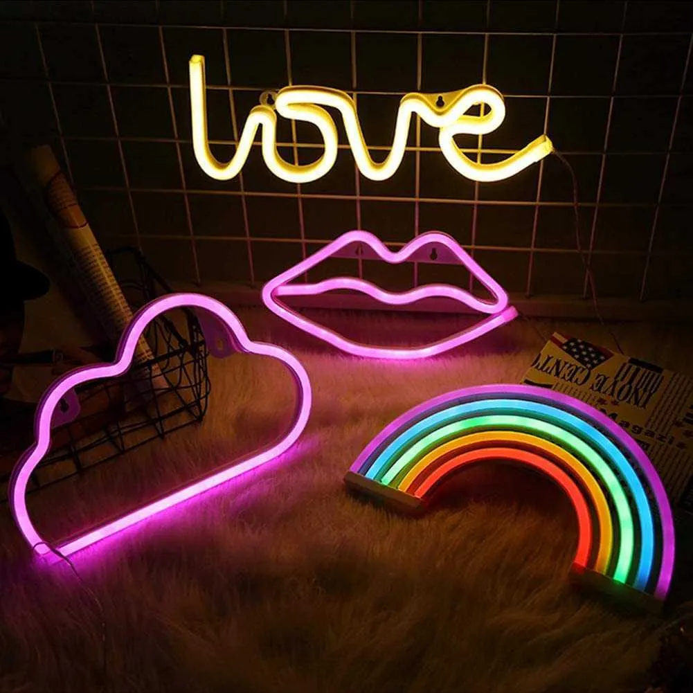 USB/Battery Powered Creative LED Neon Light Sign LOVE Cat Rainbow Lip Neon Lamp For Party Wedding Bedroom Home Decor Night Lamp HKD230825