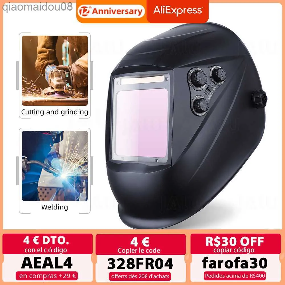 Roupas de proteção Big View 4 Arc Sensor DIN5-DIN13 Energia solar Auto escurecimento Capacete de soldagem TIG MIG MMA Máscara de soldagem Capacete Soldador Cap Lens Face HKD230826