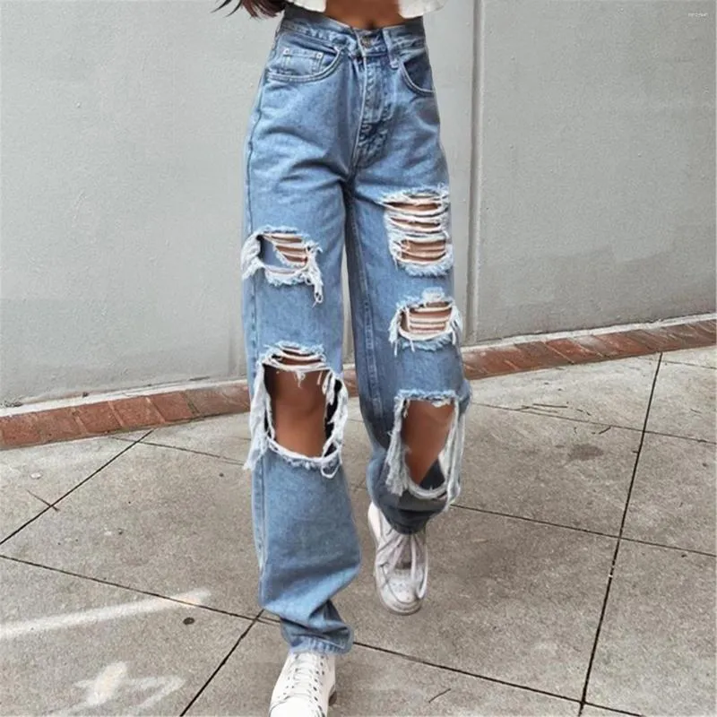 Damen Jeans Denim Damen elastische Taille Hose Knopf gerissen Loch hohe Hose Tasche lose Frauen Street Cargo Sommermode