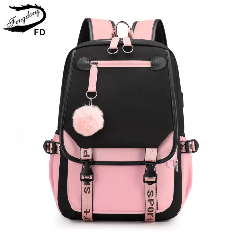Rucksäcke Fengdong große Schultaschen für Mädchen im Teenageralter, USB-Anschluss, Segeltuch-Schultasche, Studenten-Büchertasche, modisch, schwarz, rosa, Teenager-Schulrucksack 230826