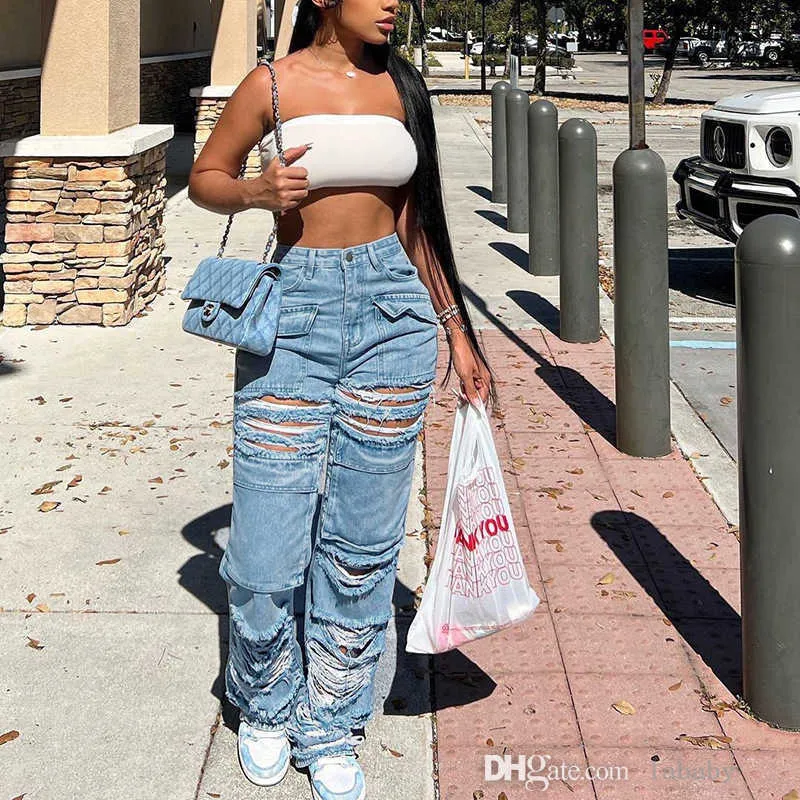2023 New Streetwear Womens Denim Cargo Pants Fashion Ripped Jeans Solid  Color Baggy Long Trousers With Pockets Overalls From 8,75 €