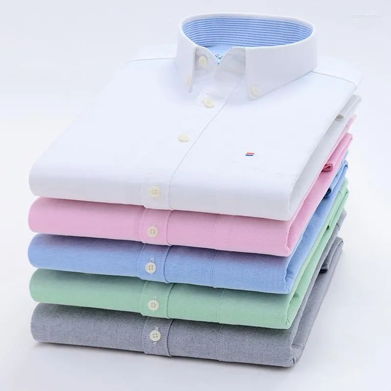 Camisas casuais masculinas 2023 moda manga longa sólida camisa oxford único remendo bolso padrão ajuste colarinho de botão