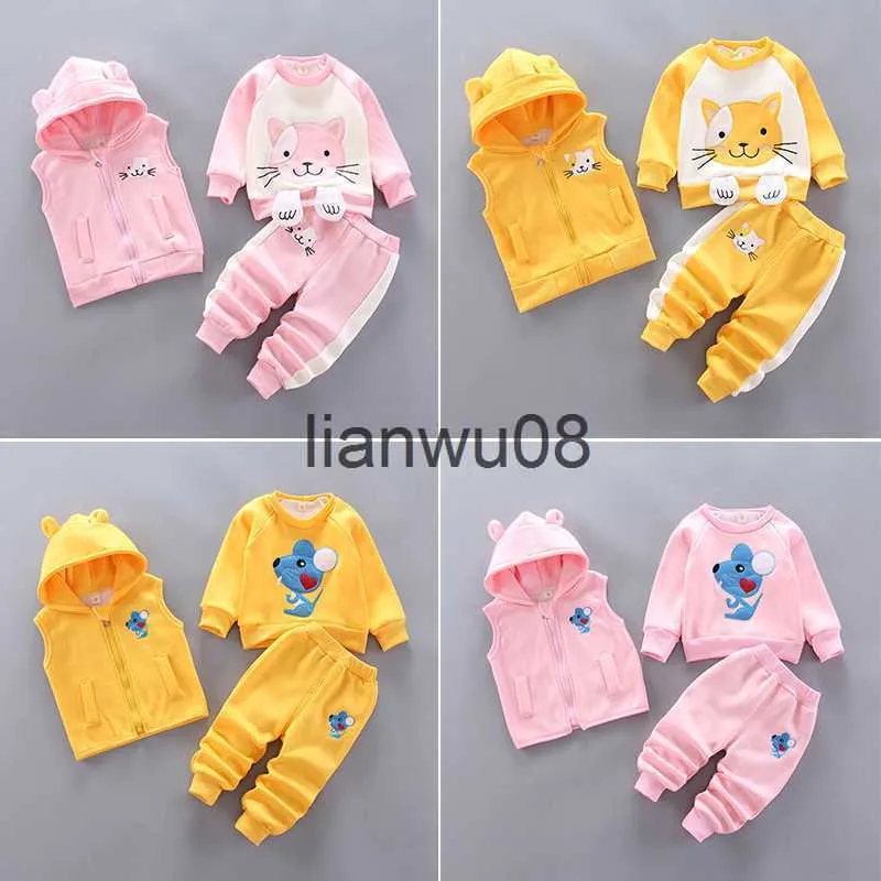 Clothing Sets Cute Cat Baby Girls Clothing Set Autumn Cartoon Mouse Velvet Coat Zipper Vest Pants Boys Suit Kids Clothes 1 2 3 4 Years Old x0828