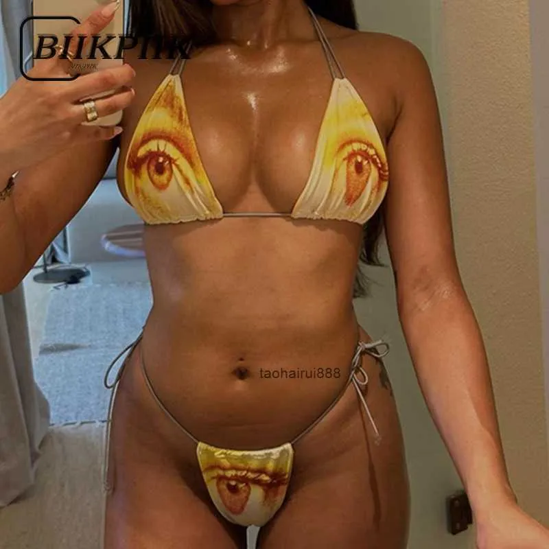 Mulheres Swimwear Biikpiik Impressionantes Olhos Impressão Biquíni Conjuntos de Duas Peças Praia Férias Sexy Ternos Feminino Estético Verão 2023 Outfits Streetwear 230825