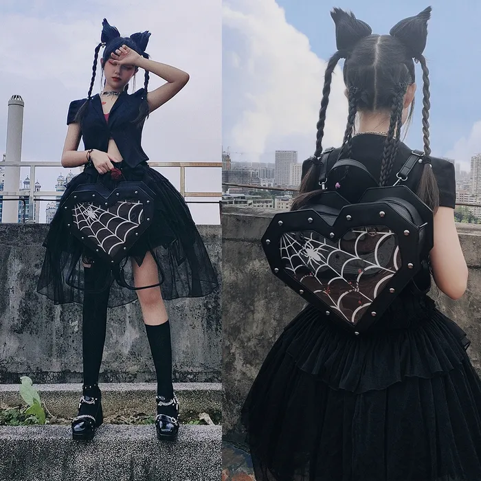School Bags Gothic Spiderweb Heart Shaped Ita Backpacks for Dark Lolita Holloween Pin Display Clear Window Handbag and Shoulder Bag Gifts 230828