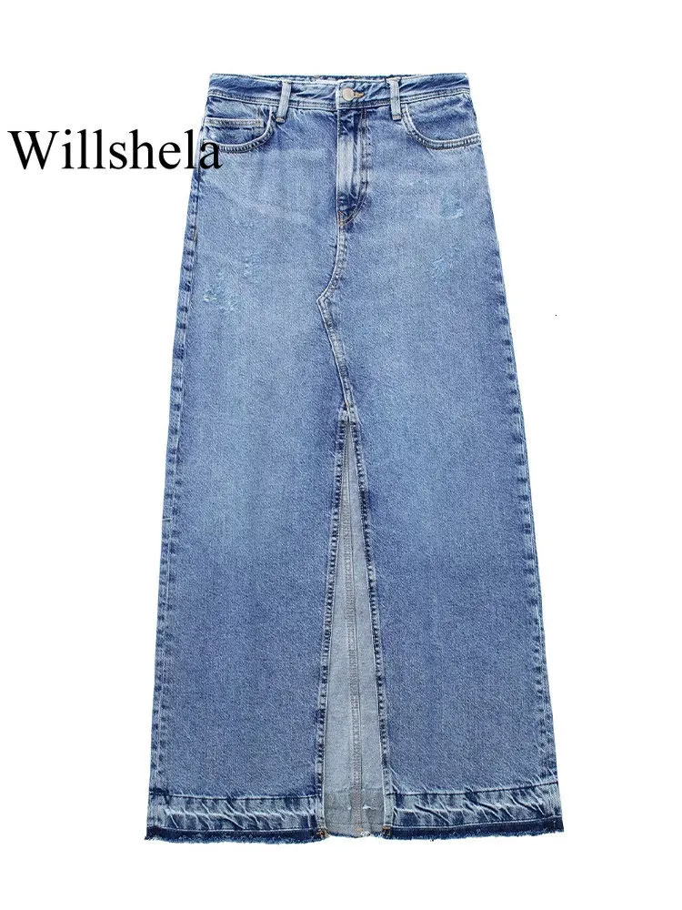 Gonne Willshela Donna Moda Denim Blu Solido Cerniera frontale Fessura Maxi Gonna Vintage Vita alta Donna Chic Lady 230828