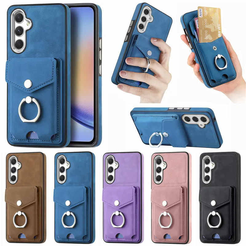 Metal Ring Bracket Plating Button Phone Case For Samsung Galaxy A23 A32 A33 A52 A53 A72 A73 A34 5G Magnetic Wallet Card Shell