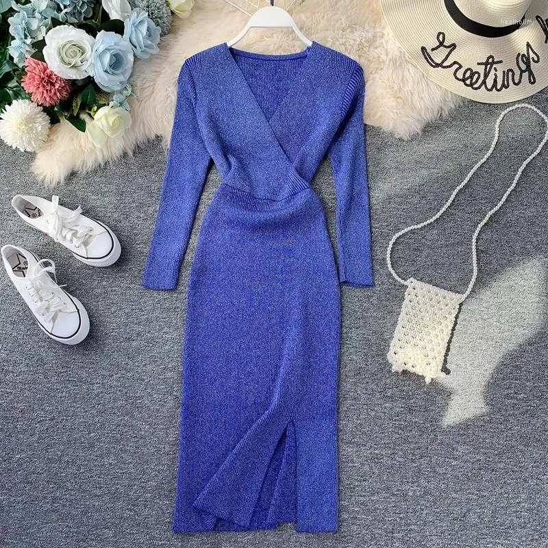 Casual Dresses 2023 Design Women's Fashion V-neck Lurex Patchwork Shinny Long Sleeve High Waist Knitted Vent Jag Dress