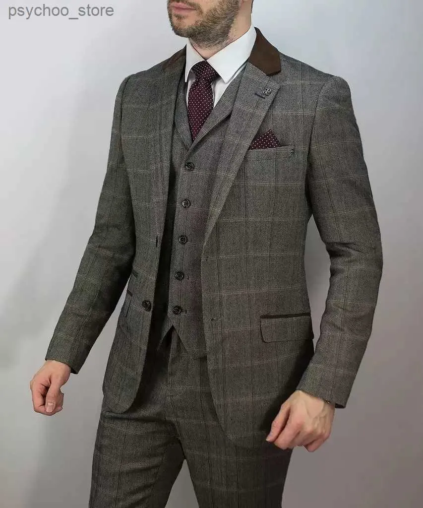 Smoking da uomo a quadri da sposa con risvolto con risvolto a due bottoni, pantalone da sposo personalizzato bello 3 migliori blazer da uomo Q230828