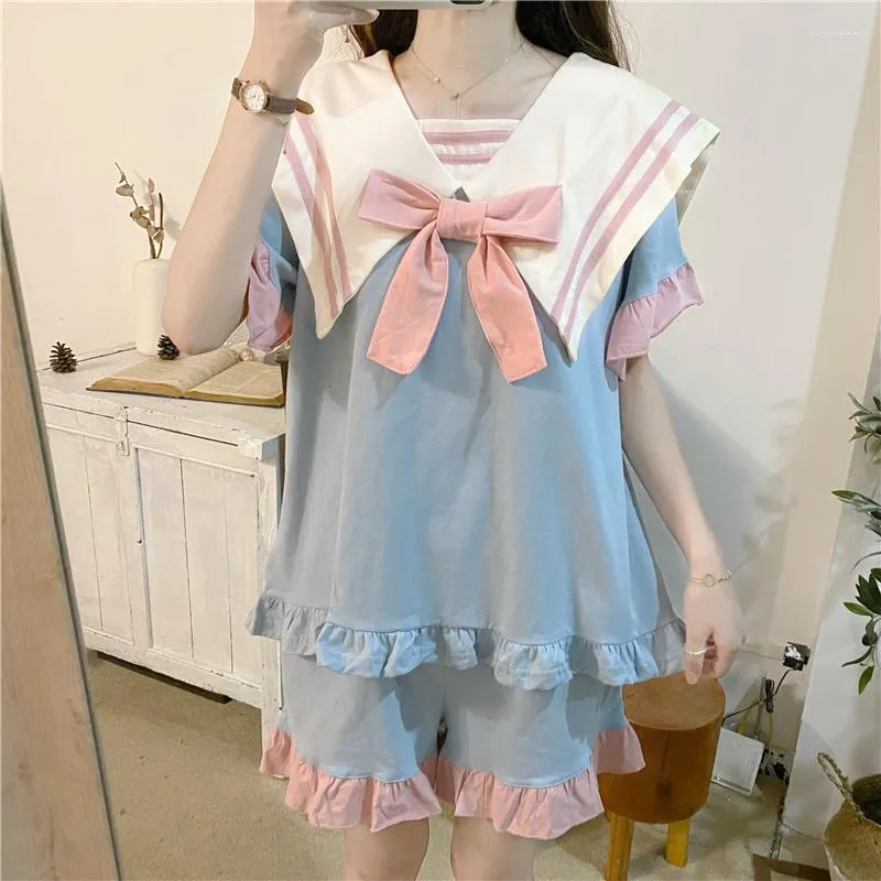 Women's Sleepwear Summer Kawaii Pajamas Shorts Set Teen Girls Women 2023 Cute Fashion 2 Piece Pyjamas Female Home Wear Sailor Suit Blue