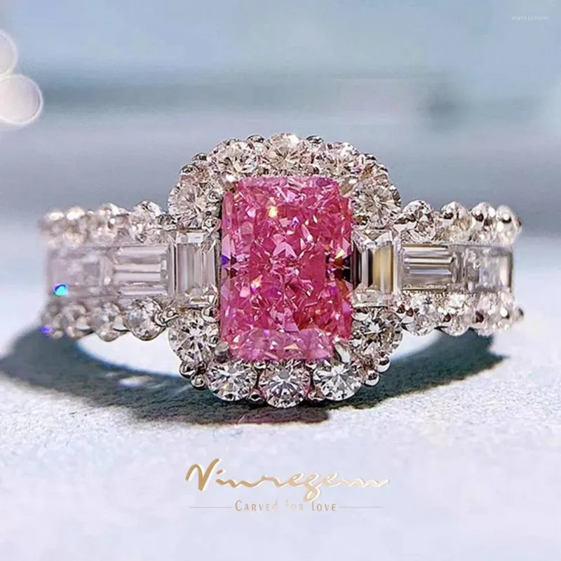 Cluster Rings Vinregem 18K White Gold 5 7mm Crushed Cut Lab Pink Sapphire High Carbon Diamond Gemstone Ring 925 Sterling Silver Jewelry