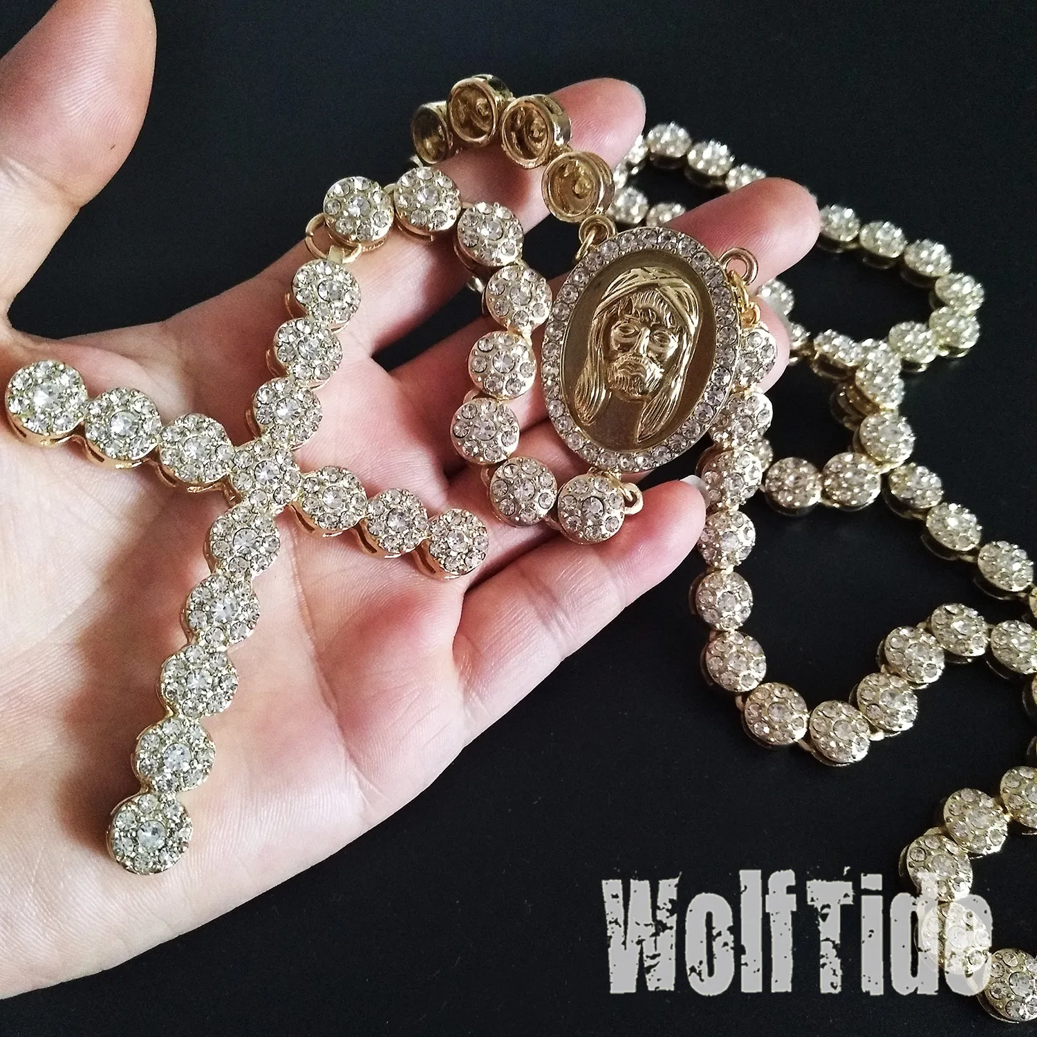 Jesus Rundes Porträt Kreuz Tenniskette Halskette Rosenkranz Lange Herrenketten Designer Luxus Hip Hop Schmuck für Männer Neue Mode 18K Goldplatte Strass Bijoux Geschenk