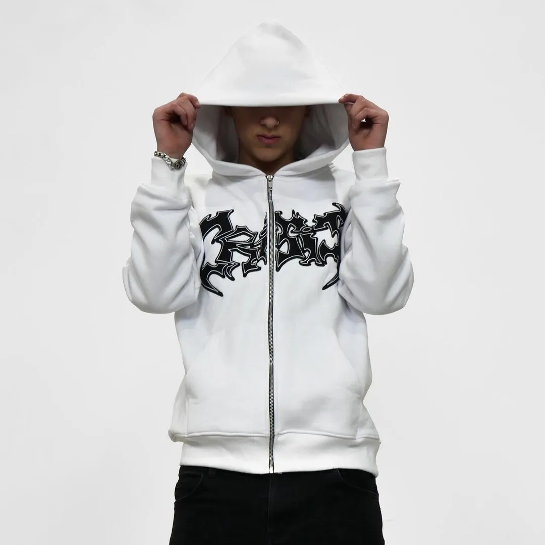 Mens Hoodies Sweatshirts Y2K American Dark Style Niche Design White Loose Zipper Hoodie High Street Print Vibe Par Jacketkläder grossaleretail 230828