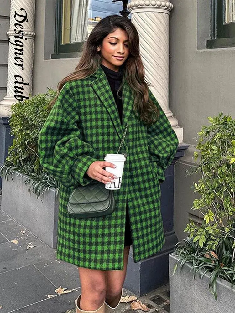 Womens Wool Blends Elegant Contraster Plaid Print Mid Length Coat Chic Lapel Long Lantern Sleeved Jacket Winter Lady High Streetwear 230828