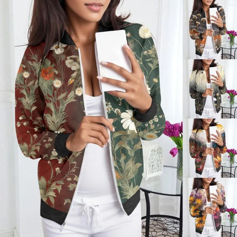 Jaquetas femininas Mulheres adequadas diariamente leve zip up jaqueta floral impressão casaco gola curta esportes casuais