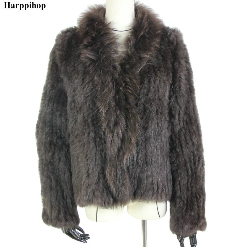 Womens Fur Faux Harppihop Rabbit Päls äkta stickad kappa för kvinnor Raccoon Collar Jacket Trench Outwear Fashion Street Party Jacketc918 230828