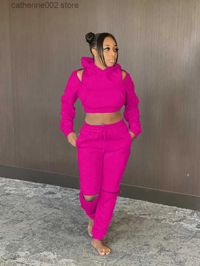 Women's Two Piece Pants Streetwear Two 2 Piece Sets Womens Outfits Autumn Clothing Zipper Cold Shoulder Hooded Sweatshirt Top and Pants Suits Tracksuits T230828