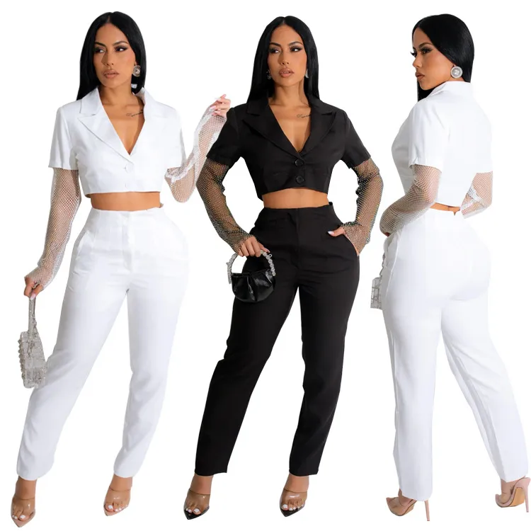 Kvinnors uppsättning 22023 Autumn/Winter New Mesh Splice Small Suit Pants Women's Two Piece Set