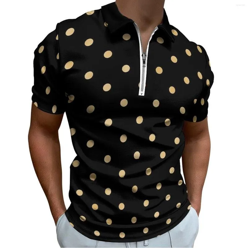 Polo da uomo Polo a pois dorati Camicia casual con stampa vintage Maglietta estiva retrò da uomo a maniche corte con cerniera