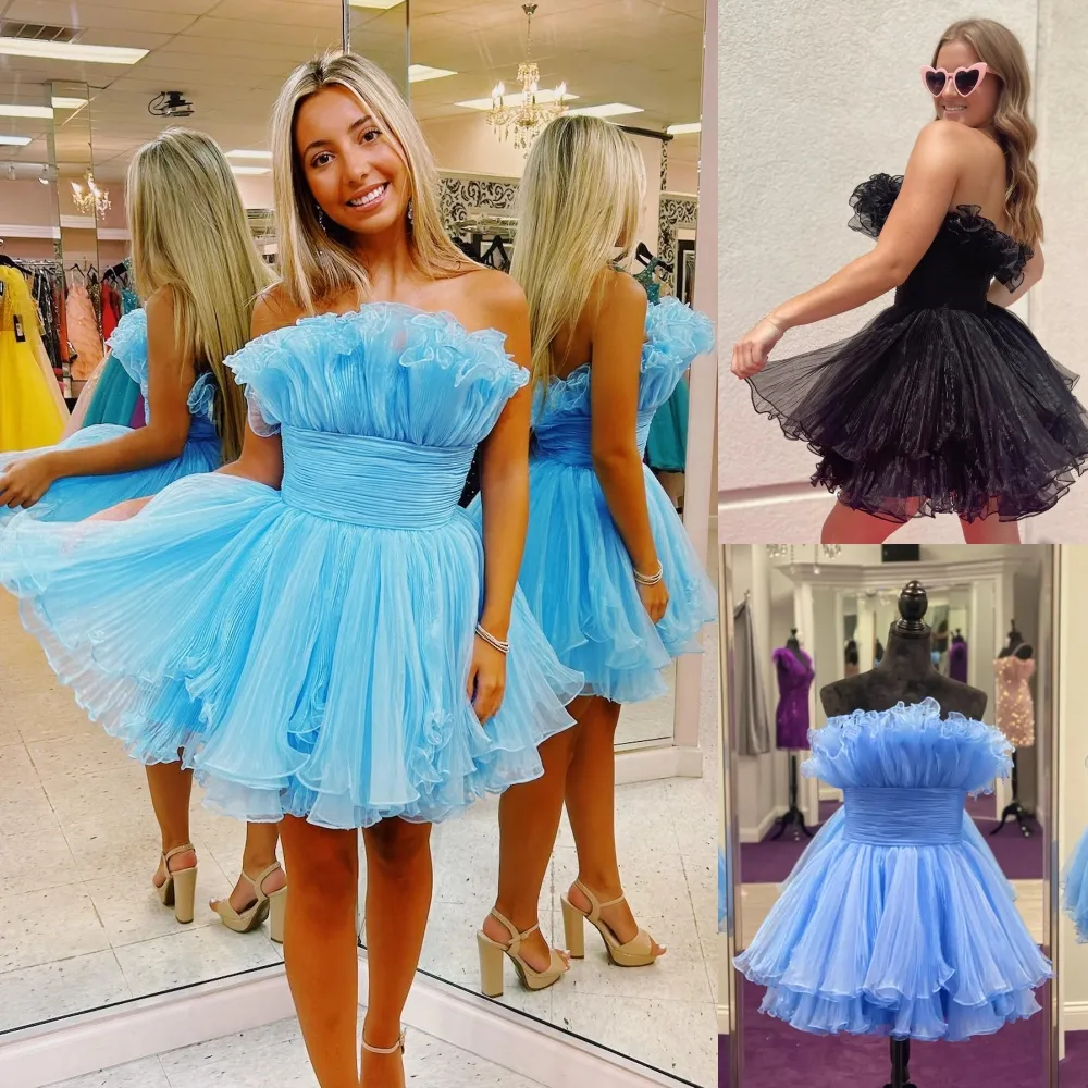 Plissiertes Organza-Cocktailkleid 2k24 mit Rüschen, gestuft, für Junioren und Senioren, Heimkehr, Abschlussball, Festzug, formelle Veranstaltung, Party, Laufsteg, Black-Tie-Gala, Hoco-Kleid, Immergrün-Hellblau