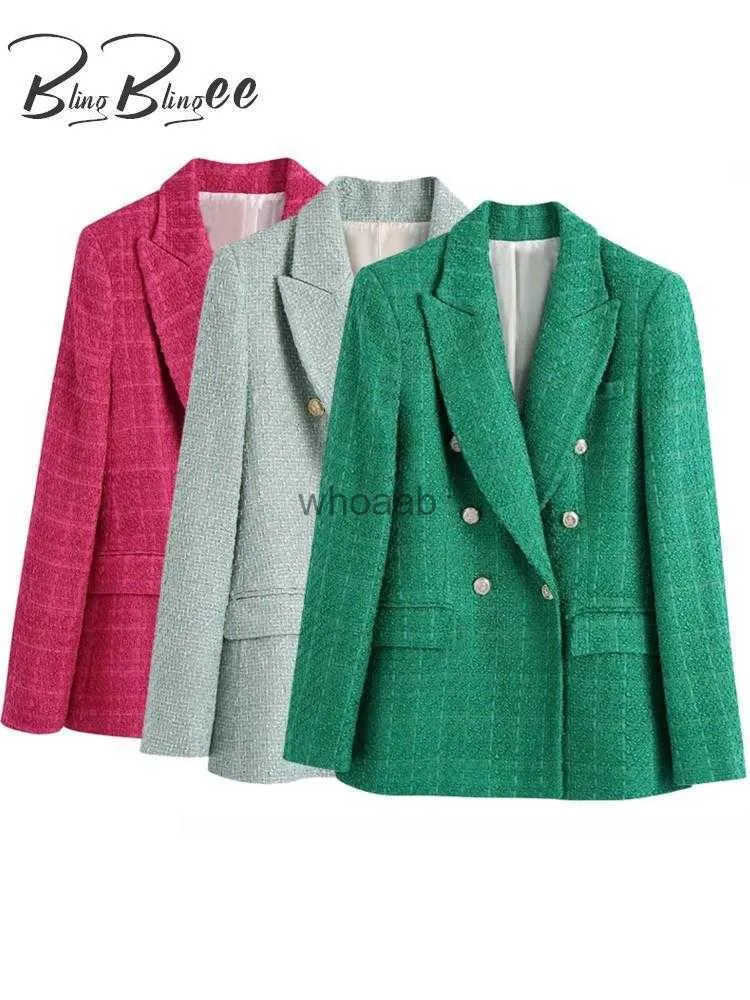 BlingBlingee Printemps Femmes Traf Veste Bouton Orné Tweed Manteaux De Laine Femme Casual Épais Vert Blazers Bleu Vêtements D'extérieur HKD230825