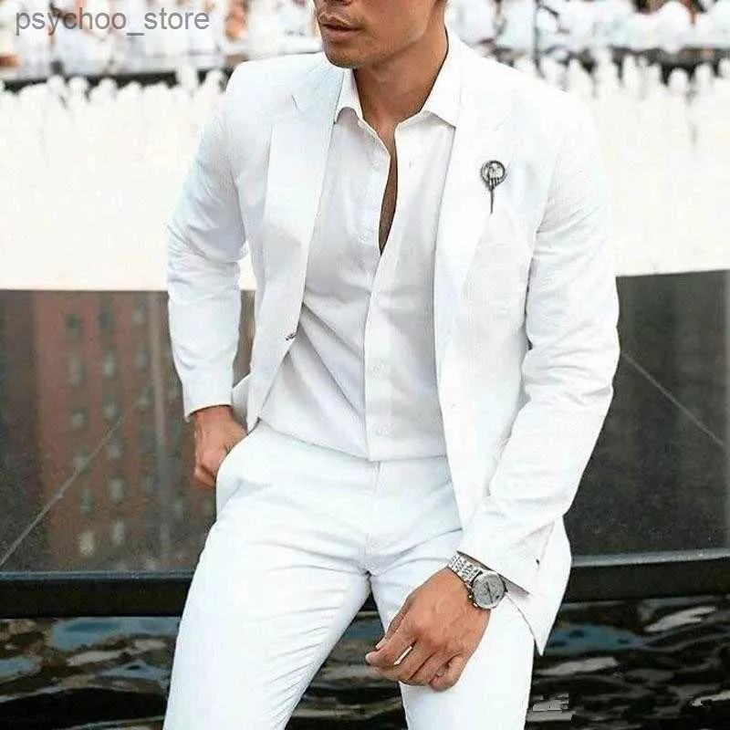 2023 Fashion Summer White Linen Groom Tuxedos Suits For Wedding 2 Piece Men Blazers Come Homme Slim Fit Jacket+Pants Q230828