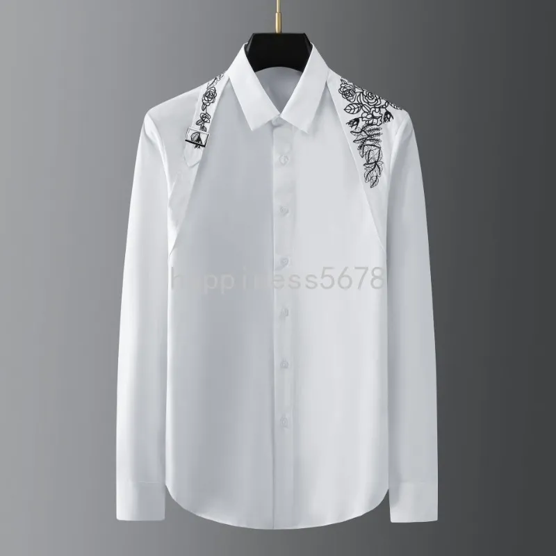 Men Clothing Ribbon Embroidery Shirt Men Long Sleeve Casual Business Dress Shirts Streetwear Show Social Party