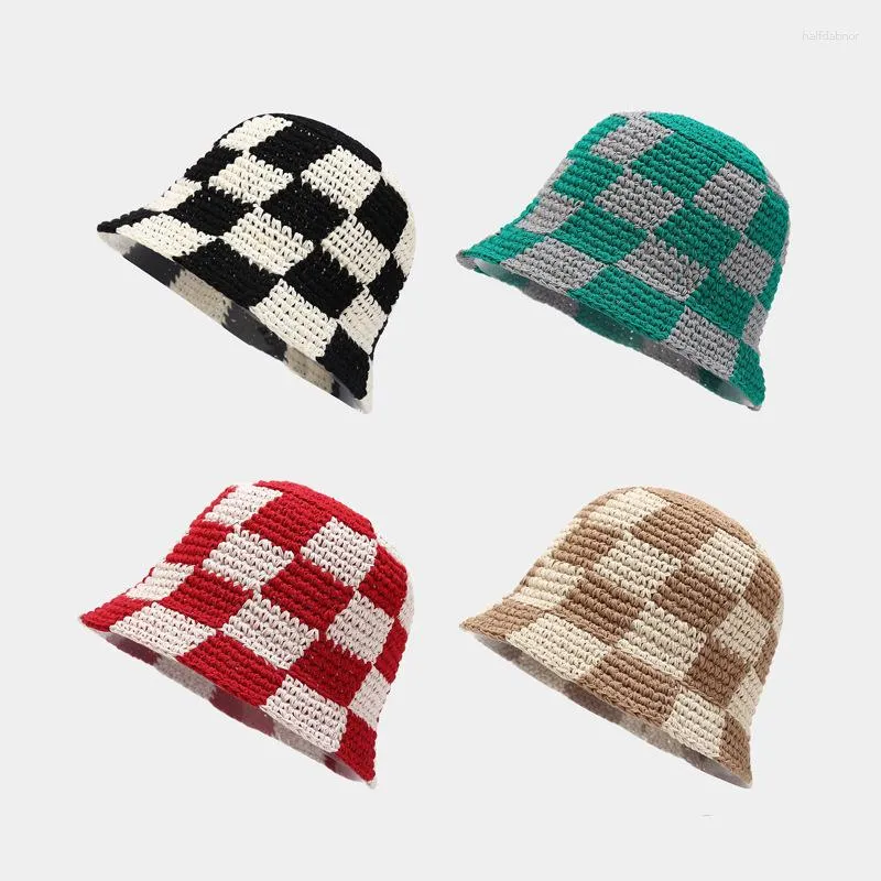 Berets Fashion Plaid Crochet Bucket Hats Cotton Tride Soft Fisherman Hat Summer Sun Женщины -дизайнер Боб Кэп