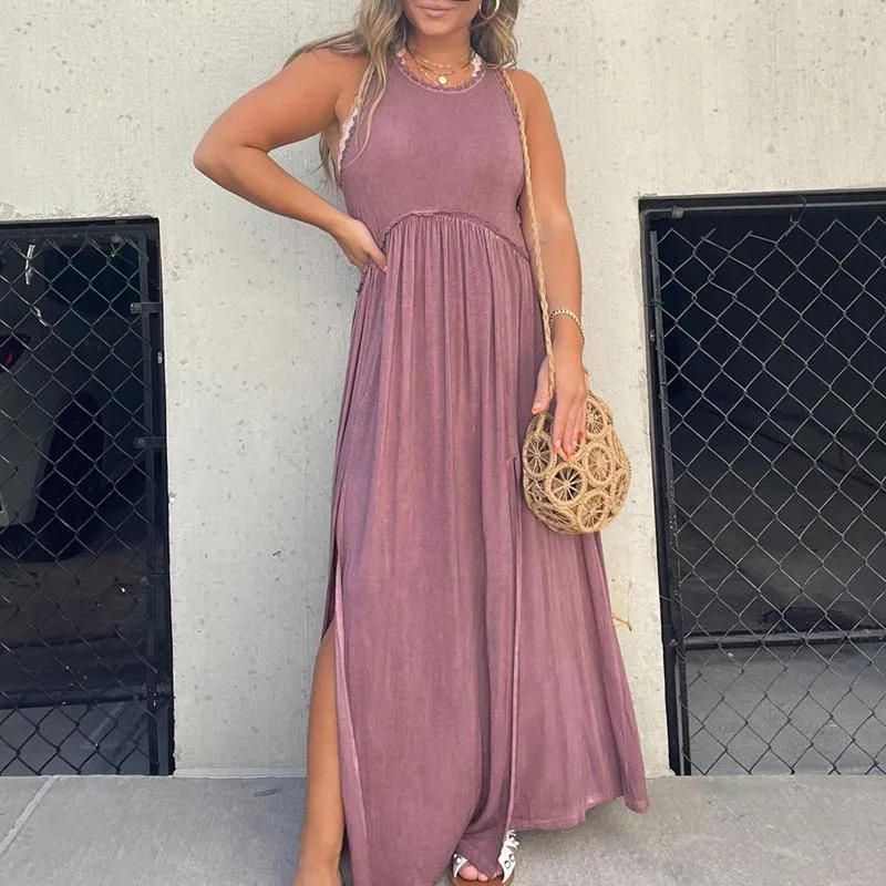 Casual Summer Maxi Dress for Women: Sleeveless, Lace Patchwork, Slit, Loose  Fit, Elegant Long Beach Party Dress from Dhgate Basic & Casual Dresses -  price 29.65