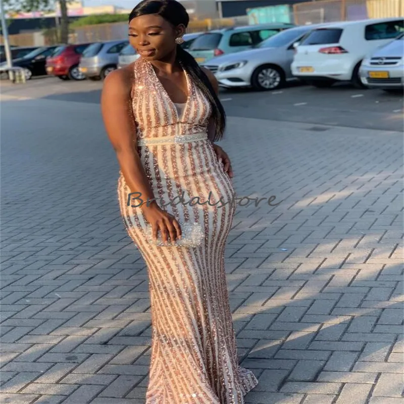 Gold Halter Mermaid Plus Size Evening for Black Girls - Plus Size Formal par Cocktail Birthday Gown