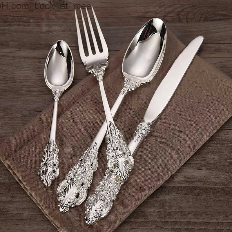 4-24pcs luxe argenterie de mariage ensemble argent plaqué vaisselle dîner couteau fourchette cuillère cuillère à café rétro couverts cuisine vaisselle Q230829