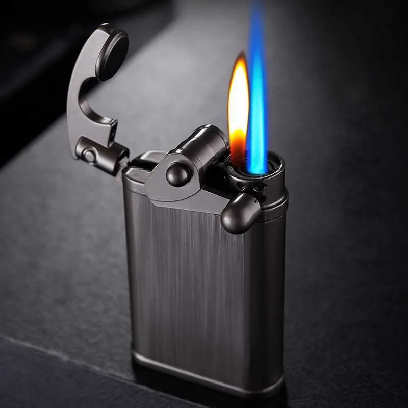 2022 Nouveau culbuteur double flamme briquet butane non gaz coupe-vent flamme nue métal turbo briquet homme fumeur gadget cadeau MRRJ QT9B