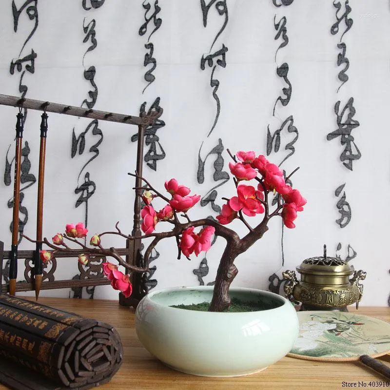 Decorative Flowers Short Red Plum Blossom Branch Artificial For Winter Home Party Table Decoration Silk Fake Flower