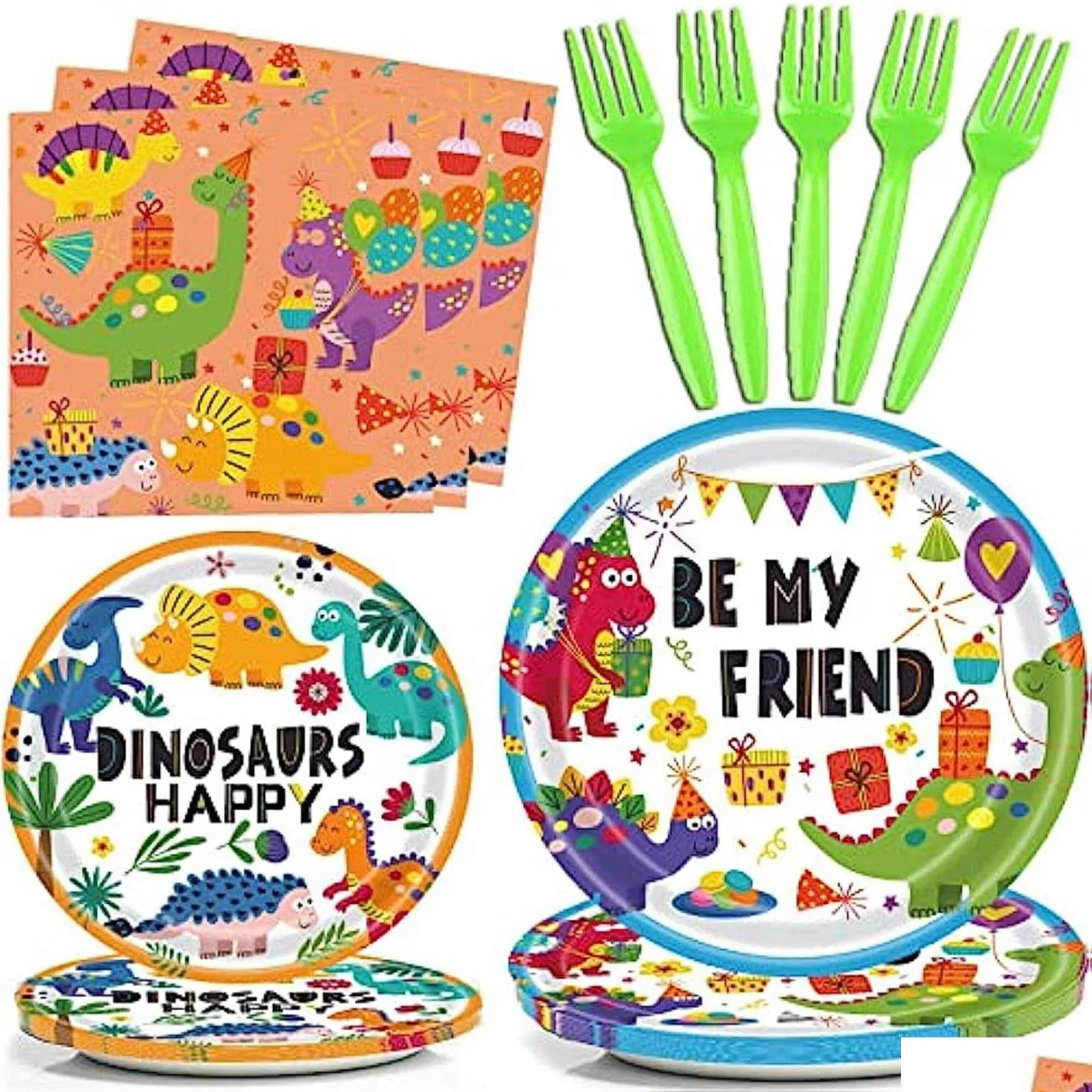 Couverts jetables Assiettes dinosaures Vaisselle d'anniversaire Vaisselle Assiette en papier Fournitures de fête pour 16 personnes Comprend des serviettes Dhjud