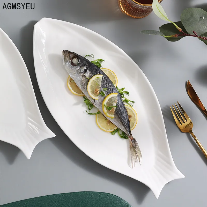 Dishes Plates Creative Household Ceramic Fish Plate Tableware Shape Simple White Steamed Large el Kitchen 230828